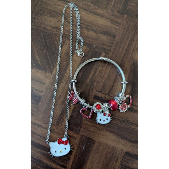 New Hello Kitty Silver Charm Bracelet & Necklace Set Red Bow Accent Jewelry Gift - Picture 2 of 6